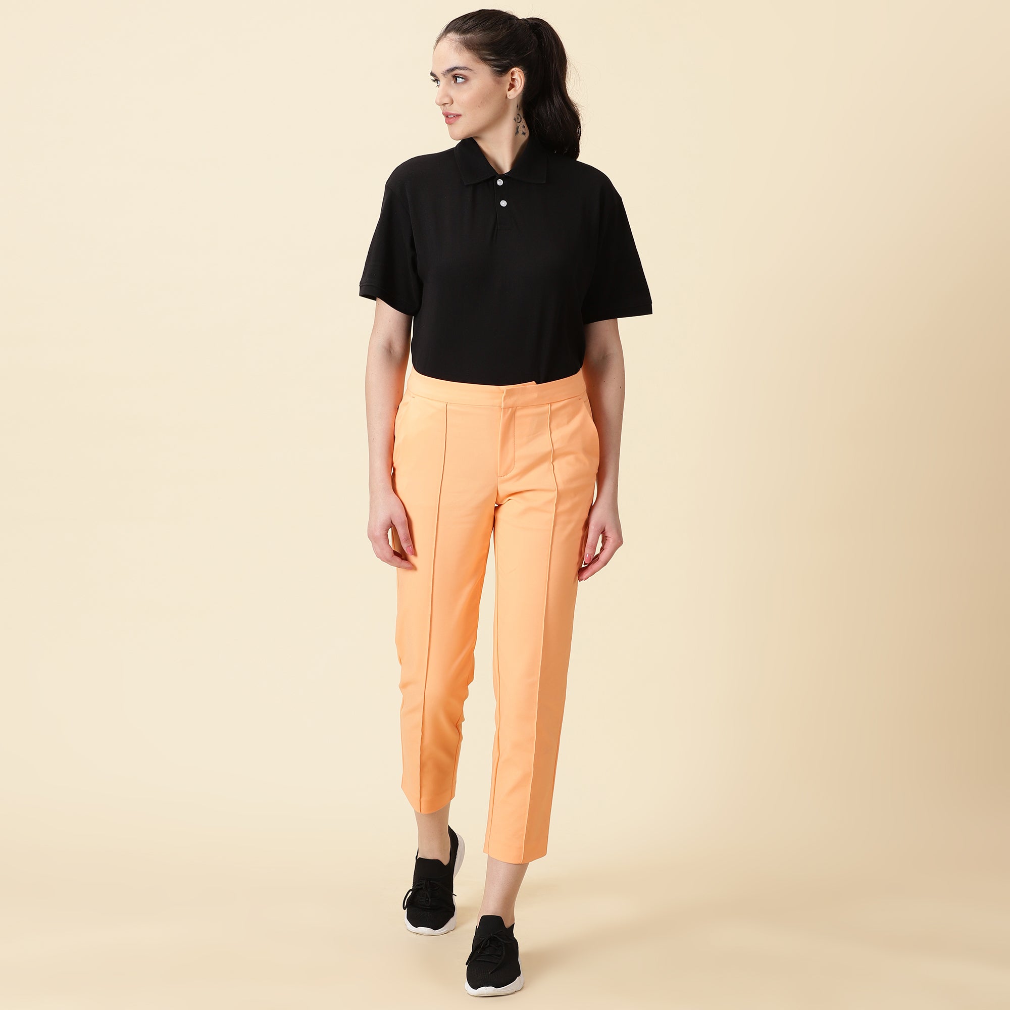 Buy Women Orange Solid Business Casual Slim Fit Trousers Online - 19605 |  Van Heusen